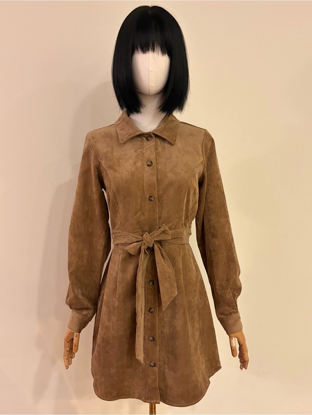 NWT Francesca's Mi Ami Camel Corduroy Belted Shirt Dress M Fits S Brown Mini